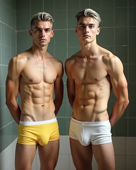  two boys, boys  ,  boy face , body is slender,  the abdomen is flat , Muscular torso,  traced muscles , demonstrate biceps, hands on waist,  silver-colored hair , model haircut , whiskey shaved ,  snow-white skin ,  in tight white and yellow briefs, tuber...