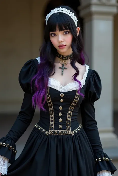  Beautiful woman who has dark purple eyes She is wearing a gothic Victorian dress with a tight bodice decorated ornate gold studs.  Her black skirt flowed in layers of bubbly with ruffled edges . The transverse silver chain around her waist ,  and this out...