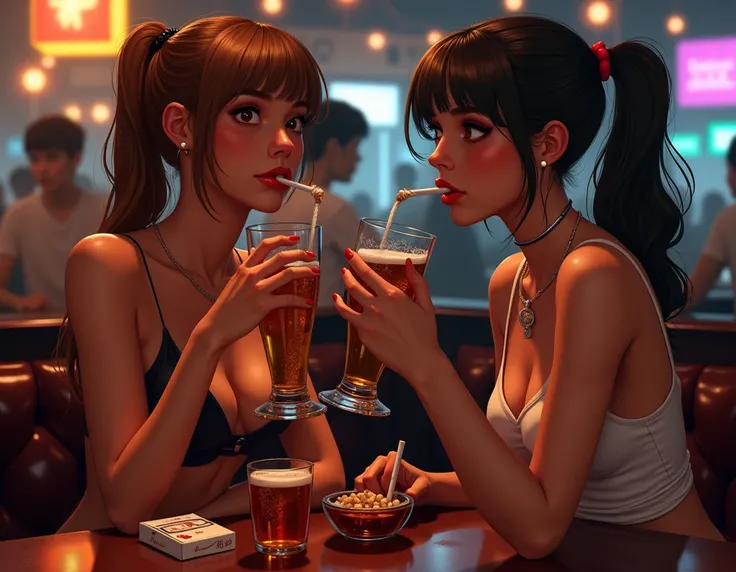 Two girls with red fingernails ,  in high-heeled shoes sitting at the bar table, they drink beer and smoke cigarettes .  There is an ashtray in the middle of the table with cigarette butts in it , There are two packs of cigarettes on the table 