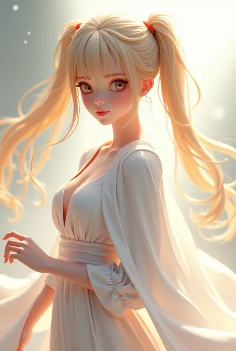 anime 3d, blonde, two ponytails, wearing a white blouse, white cloak, 18 years