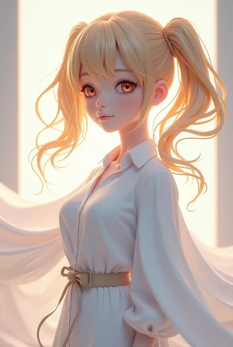 anime 3d, blonde, two ponytails, wearing a white blouse, white cloak, 18 years