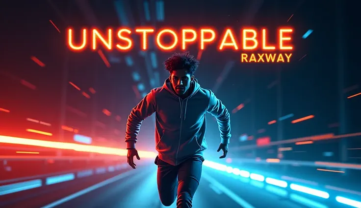 "An energetic and visually striking thumbnail for a motivational song titled Unstoppable by RaxWay. It features a 23-year-old Indian man wearing a hoodie, sprinting with intense determination on a glowing road. The scene should have a realistic, cinematic ...