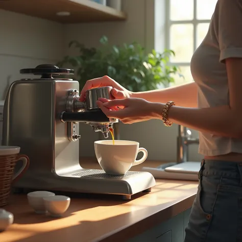 A portafilter machine in which coffee flows straight into a white coffee mug without a handle, realistic, stands in a kitchen, A young woman has her hand on the machine, You only see the womans hand ,  the woman has a golden chain on her hand, one hand, pe...