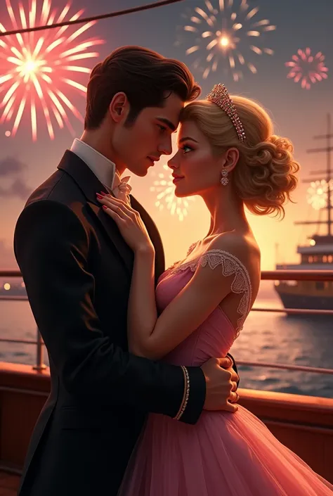 A handsome man with sea-colored eyes is on the deck of a large ship, he wears a black tailcoat, elegant chocolate colored hair  , He is hugging from behind a beautiful woman with a small and thick blonde body with freckles bright green eyes very curly hair...