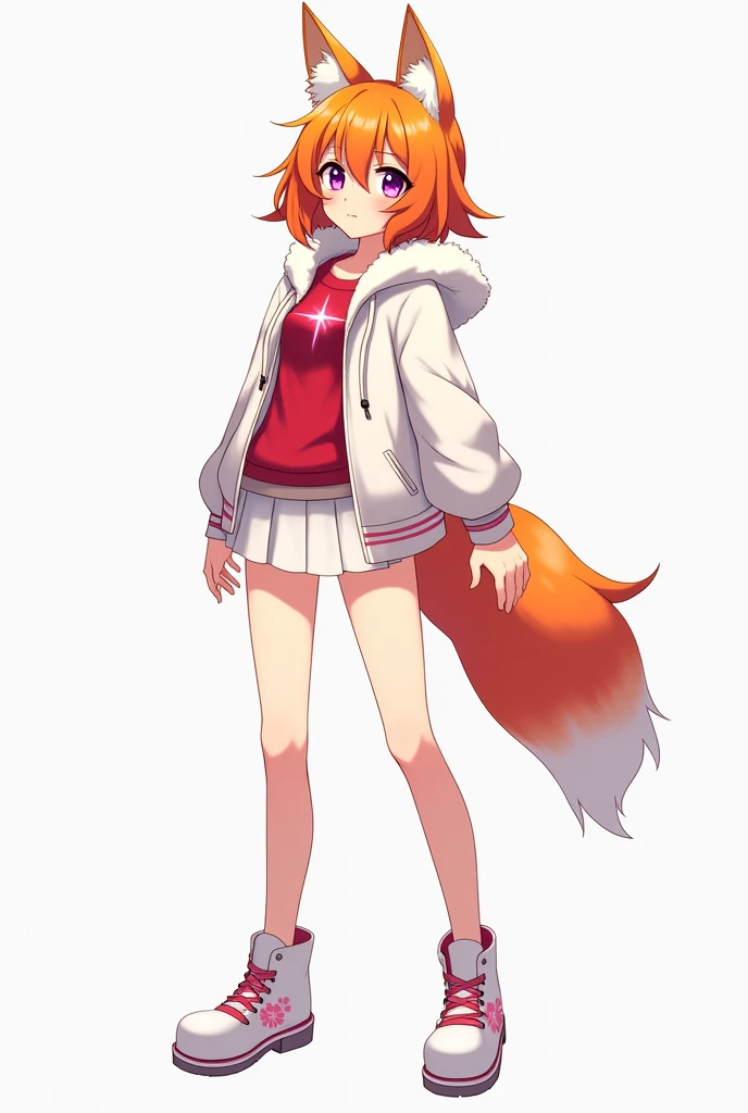 Bright orange speed female anime Vtuber model with fox ears the same color as speed sparkling purple eyes wearing a winter christmas hooded sweater hat and collar are white red shirt wearing a white short skirt and white shoes on the shoes have a drawing o...