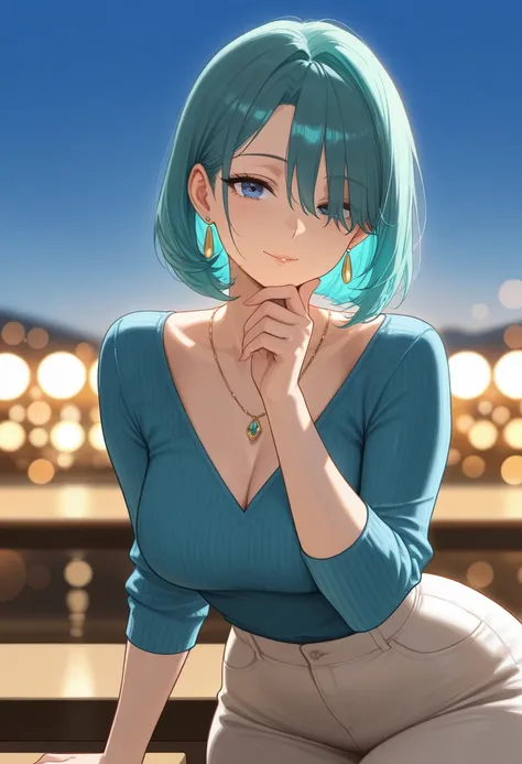 (masterpiece, best quality, high quality, highres, ultra-detailed), 1girl, bangs, bob cut, (bangs between eyes, hair cover one eye), blue eyes, (aqua hair), necklace, earrings, blue eyes, mature female, looking at viewer, mommy like body build, blue sky, o...