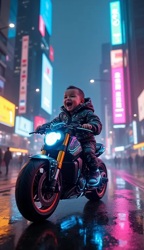 A photorealistic image of an excited baby boy in a glowing neon cyberpunk outfit, riding a sleek, futuristic motorcycle with glowing accents and digital patterns. The background features a bustling, high-tech cityscape with towering skyscrapers, digital ad...