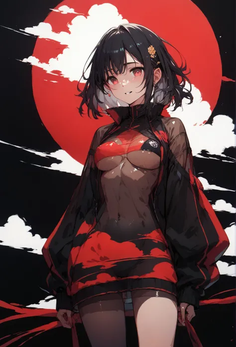 pt,Girl with a red cloud pattern ,  black background ,  see-through clothes similar to Reina Tanaka,Transparent body lines,See-through innerwear