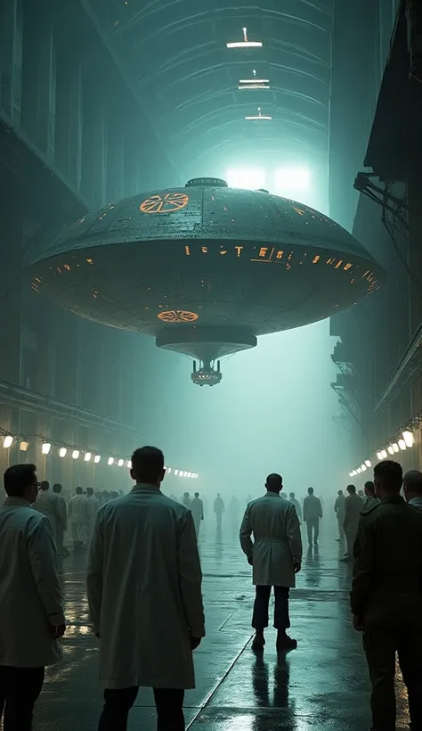 
Inside a massive hangar with dim industrial lighting, an alien spacecraft hovers a few feet above the ground. Its surface is metallic and covered in glowing, unknown symbols. Scientists in white lab coats examine the craft while military personnel stand a...