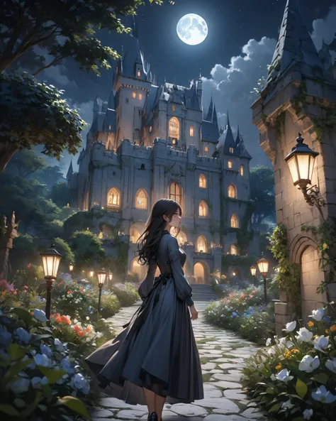  ultra-realism 、A dark-haired girl walking through a castle garden on a full moon night,One girl,Beautiful attention to detail, Detailed face, 