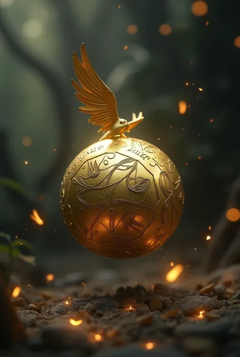 A golden snitch ball engraved with the name Flamel 