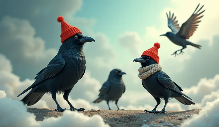 We had created an image in which there were clouds, a black crow wearing a red colored cap and a crow wearing a muffler and another bird flying with it. 