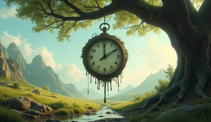 Scenery of a melting clock hanging from a tree branch