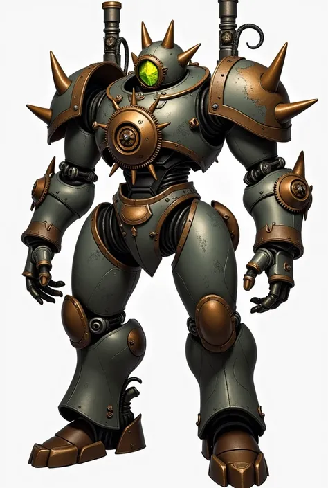 steampunk fantasy robot, heavily armored, not too large, gears between the armor, steam-powered weapons and body, battle-damage, chipped dark grey paint, powered by a yellowish-green crystal at its core, digital art style character sheet