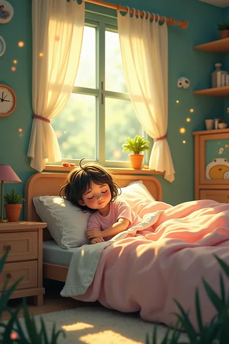 A girl with short hair, wearing pajamas, relies on waking up in bed. Blackgrass is like a bedroom, where the windows are shining sunlight into the cartoon room.