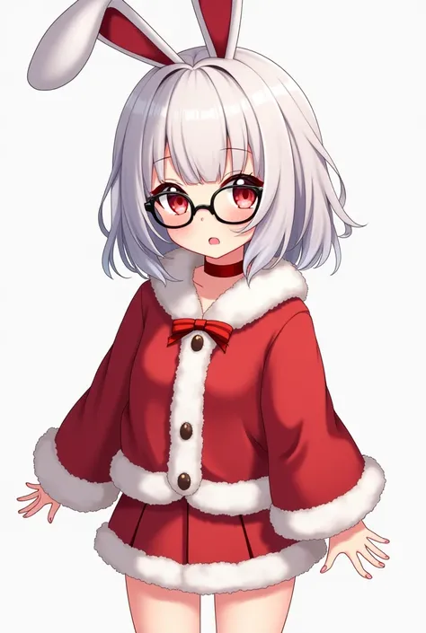  Create an anime girl with white hair ,  round black glasses , Santa Claus outfit with mini skirt , And a red choker with bunny ears on a png background