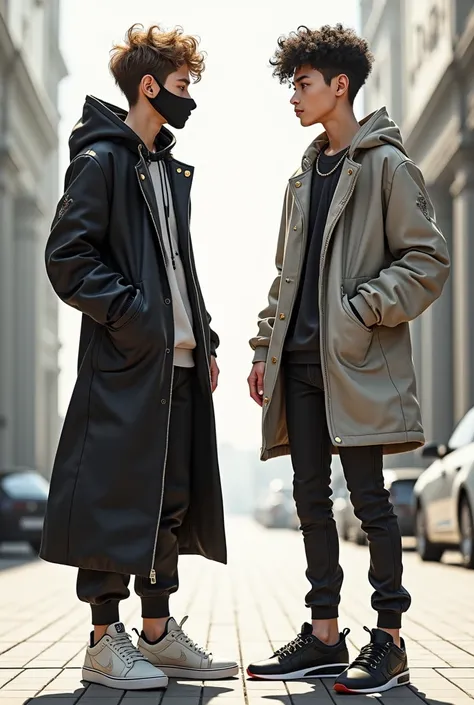 A boy is  in front of his friend, wearing long stylish clothes, fashionable shoes, a mask on his face, neatly styled hair, and both have fit bodies.