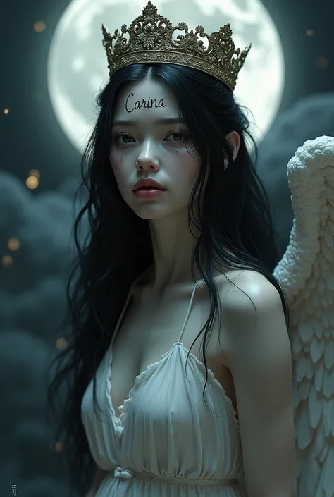 a crying moon angel with a broken wing wearing a large crown, black hair, white skin, with the inscription " Carina" on the angels head.