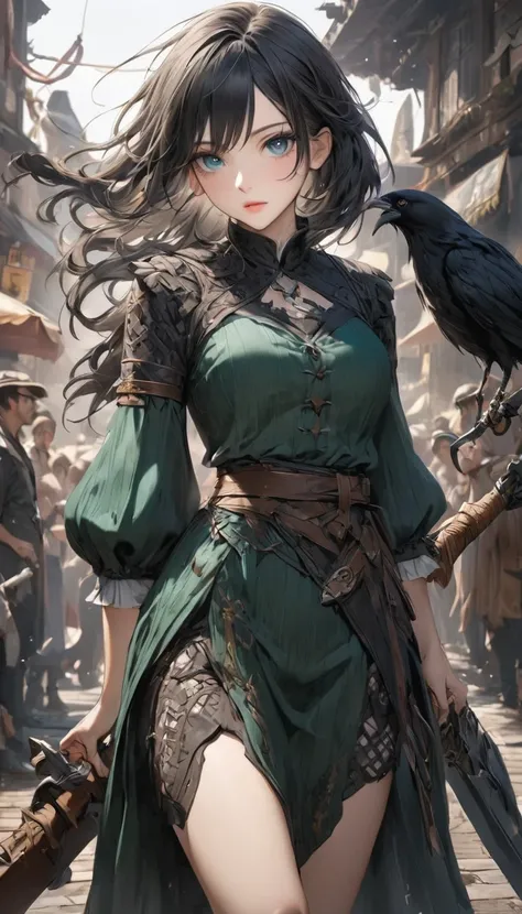 Gender("Female")
Height("56")
Appearance("Emerald green eyes" + "Long raven-black hair" + "Fair skin" + "Weathered leather attire" + "Crackling sword at her side")