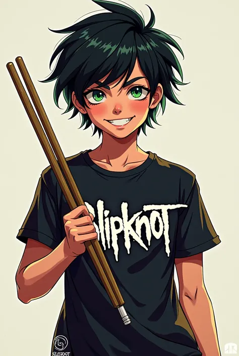  Make a white  with short black hair with green eyes drawn to yellow, with a smile, a Slipknot shirt with two drumsticks in his hand 