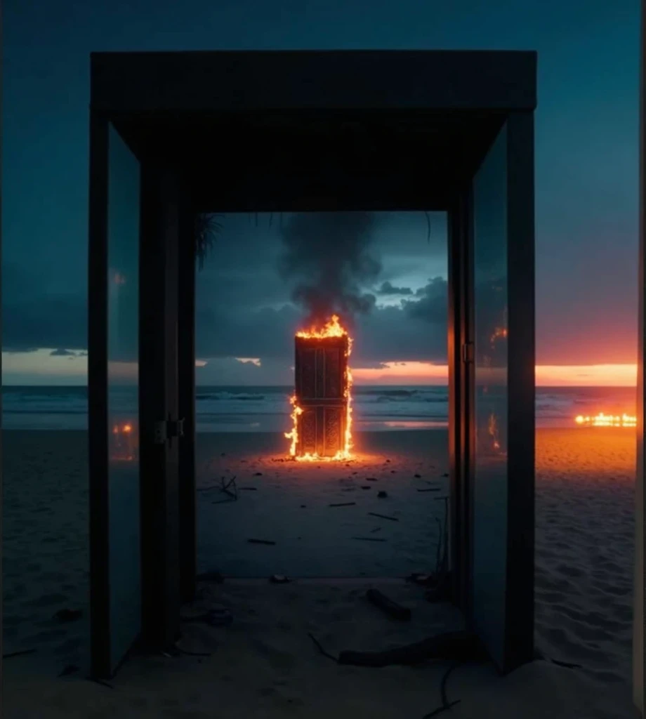 Realistic image of a burning pyramid was on the beach at dusk film filter 