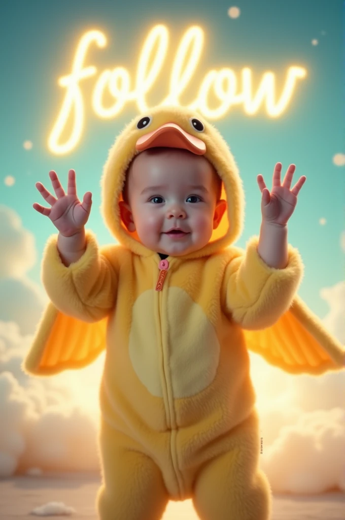 baby, Cosplay de pato  , ARMS, hands ,cute eyes,   looking at the spectator  , ARMS up, Cute clothes,   perfect  , sky background, direct,   long pants  ,   full body, shining,  Write in the sky with neon: "follow", realistic, real life, detailed high 