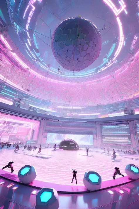  3D rendered ,  a futuristic stage with 3 cyberpunk people singing and jumping through the air,  a nuclear bomb in the background with blue and pastel pink colors , And the shadows of the public .