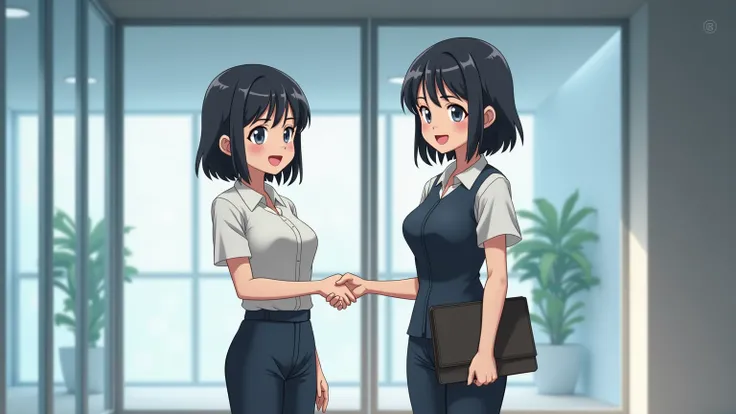 Continue using the character from task ID ctjpj5te878c7382pr2g. A animation series of images featuring a girl with short, black hair, working as a real estate consultant and broker. She stands in the lobby of a modern office building, a large glass door be...