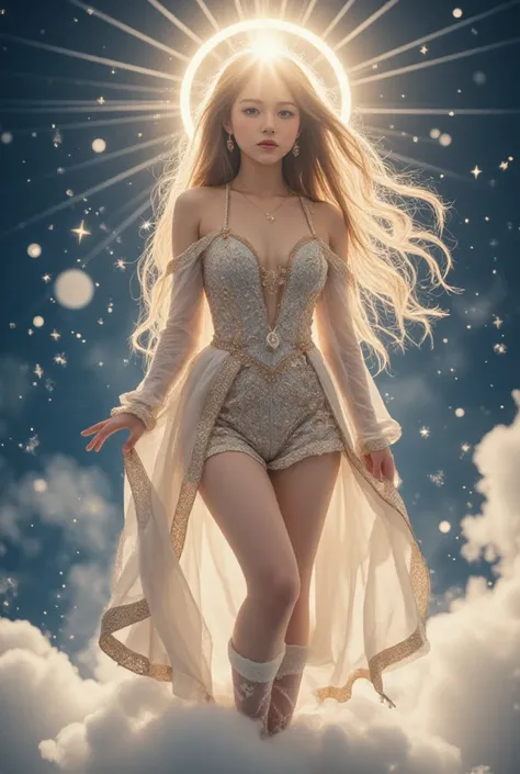 "A goddess-like, mini-sized girl wearing a regal Santa outfit, with intricate silver and gold detailing. She is standing on a cloud, surrounded by glowing snowflakes and radiant beams of light. Her eyes sparkle with a divine light, and her flowing hair see...