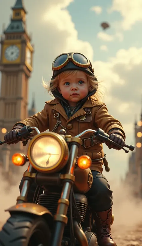 A photorealistic image of an adventurous baby girl in a steampunk aviator outfit, riding a motorcycle inspired by Victorian gears, brass, and copper, with steam vents and glowing orbs. The background features a cloudy, steampunk-inspired city, with clock t...