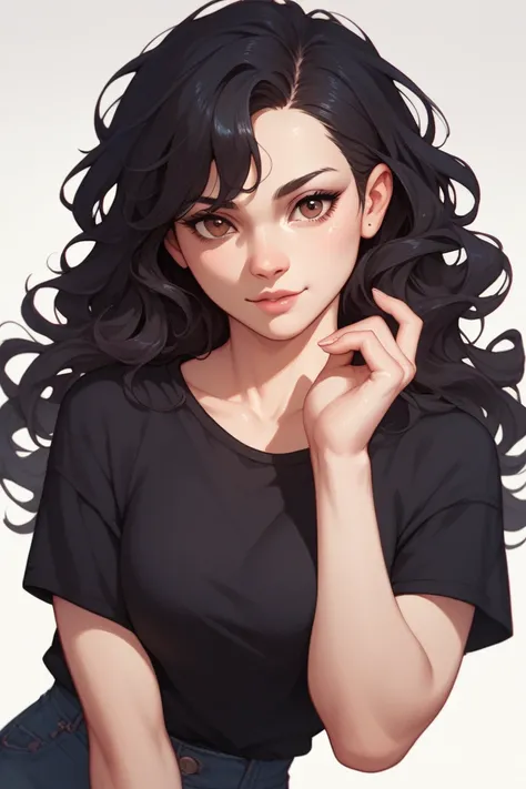 a white woman with wavy black hair, a black shirt and brown eyes