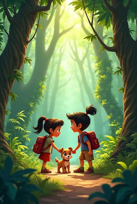 Zain age is  and Zahra age is also   with bagpacks for forest adventure.the see a little puppy in the jungle . puppy was ingrrd they help the little puppy and become friends.