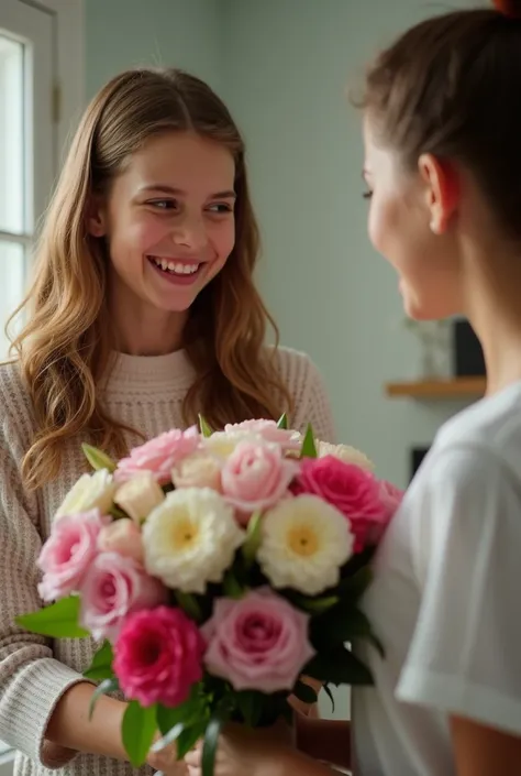 a sixteen year old teenage girl and a thirteen year old  giving a bouquet of flowers to a young mother with focus face on camera Real photo, very realistic real ultra hd 8k image results of professional photographers full shot image detail is very complica...