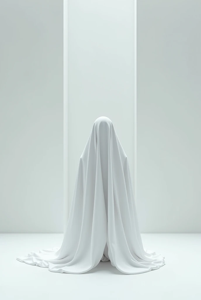 Sheet ghost, white opaque sheet, kneeling, faceless, white room