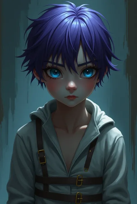  2D of an expressionless boy with purple hair, a straitjacket, and ,  blue eyes, Draw me in LD .