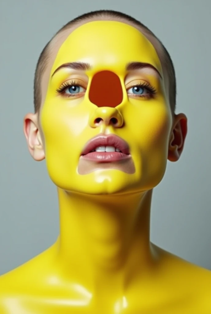 The image is a close-up portrait of a womans face and upper body. The woman has a bald head and blue eyes. Her face is covered in a bright yellow liquid, which appears to be dripping down her face. The liquid is in the shape of an egg, with the top half of...