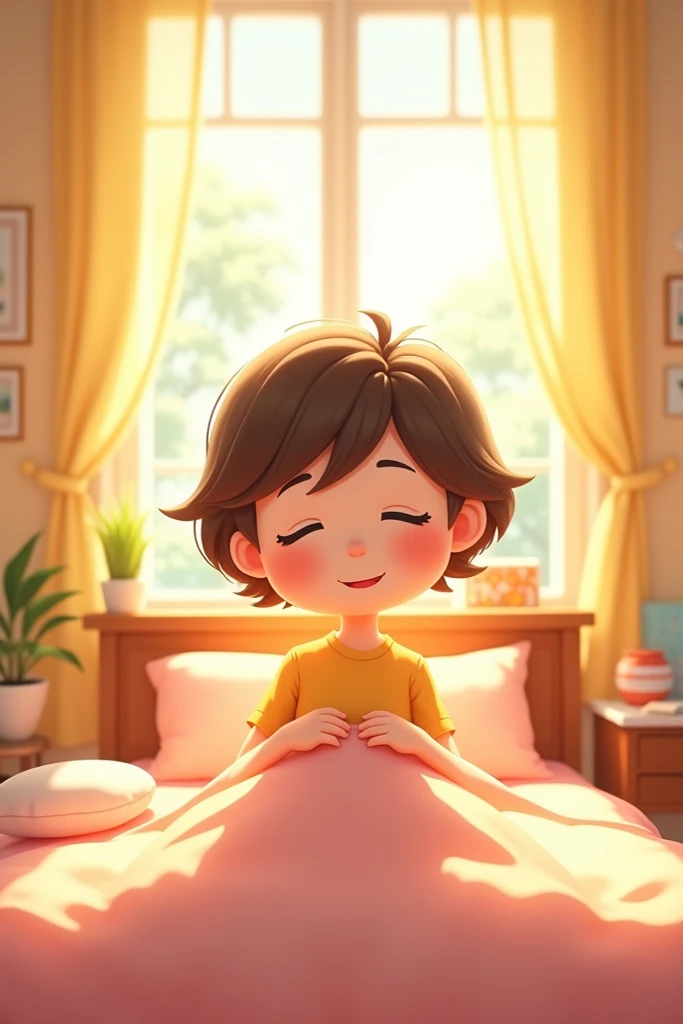 Cartoon girl with short hair relies on waking up in a bedroom with light shining in