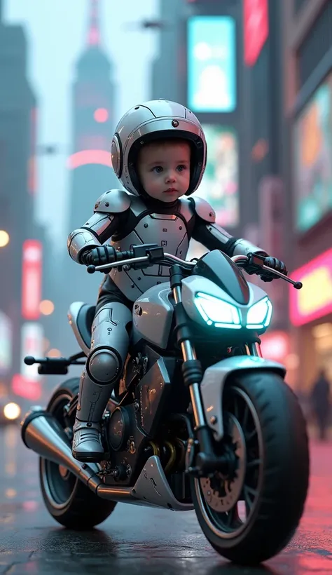 A photorealistic image of a curious baby girl in a futuristic robot suit, riding a sleek, robot-themed motorcycle with metallic surfaces, glowing lines, and robotic joints. The background features a high-tech city with holographic ads, towering metallic st...