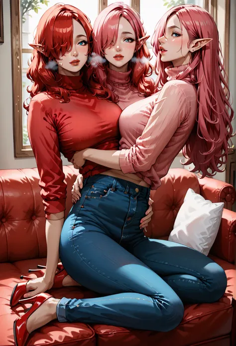 score_9, score_8_up, score_7_up, 2girls {Afemale_and_Bfemale}, Tag1: {Afemale: Adult, Mature, Curvy, Elf Woman: 1.3, (Long Red Hair over one eye: 1.6), wearing a (Long Sleeve Turtleneck Shirt with Blue Jeans and Black Stiletto High Heels: 1.3), (Bare Arms:...