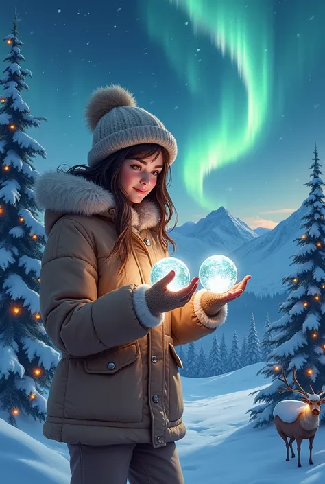   dramatic、 Crystal Balls 、 cat close-up、Visible Snow 、 Northern Lights and Snowy Mountains ,  reindeer Christmas tree  , new year&#39;s garland ,   very beautiful girl looks at her hands 、 looking at crystal balls  ,   hat and bonbon 、 Girl Wearing Warm J...