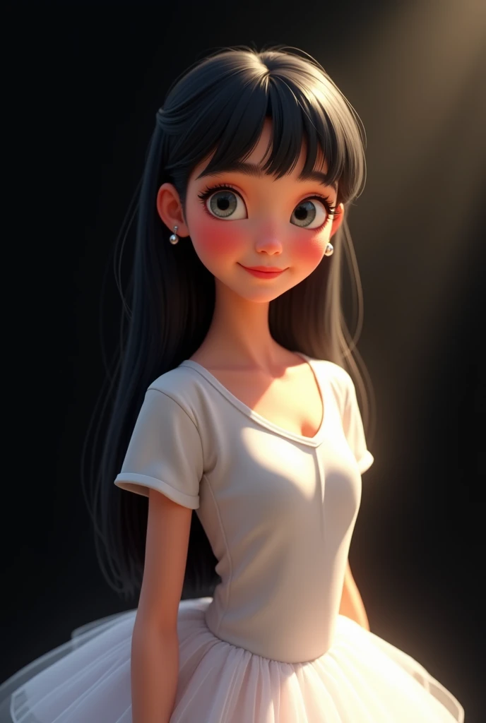  A  Russian girl ,  with long straight jet black hair with fringe ,  gray eyes ,  pale and luminous skin with reddish cheeks and lips.  She wears a white jersey with a white tutu ,  doing a ballerina pose  , she smiling.  highlight their delicate beauty . ...