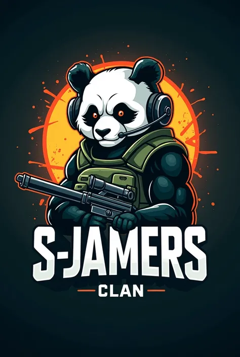 "Create an image of a logo for a gaming clan named S-JAMERS. The logo should feature the clan name in a bold, dynamic font. In the background, include a fierce panda with a tactical look, wearing military gear or holding a weapon. Additionally, add a backg...