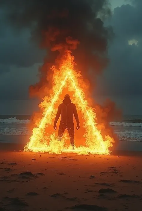 Realistic image of a triangle figure in flames fire and smoke on the beach at night background sea and clouds film filter 