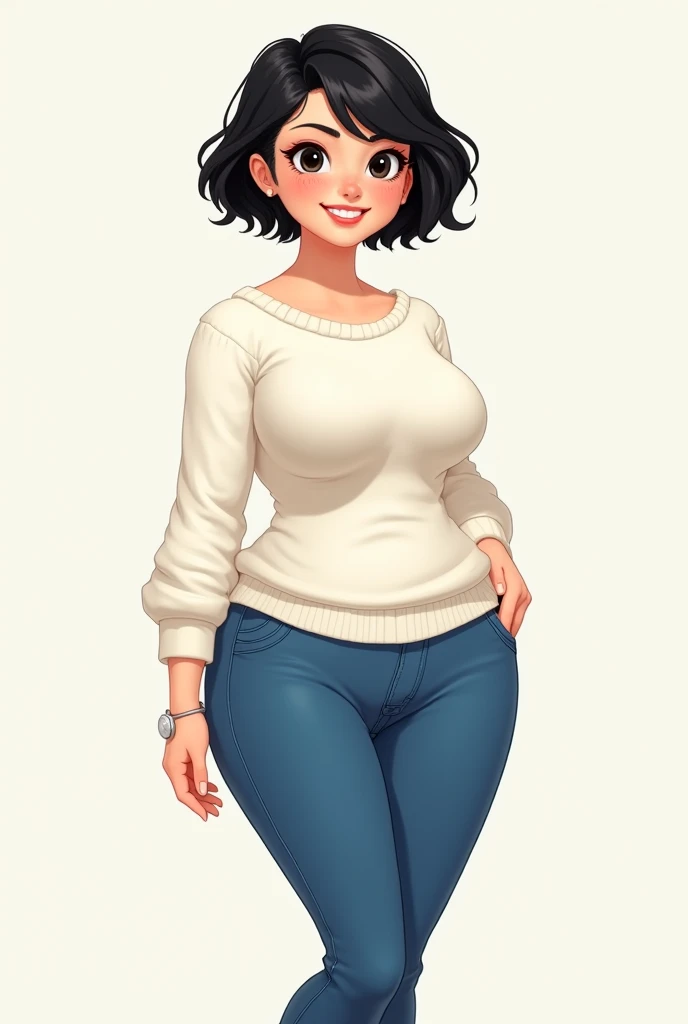  Generate a 30 year old woman in tight blue pants with big hips , a white long sleeve wool sweater , white skin short black hair with black button eyes with a smile and big boobs huge breasts slender busty slim waist 2d animated version