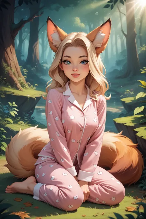 A professional high-quality photo, in 4K resolution, captures in realistic detail a charming girl in a fluffy white pajama with ears and foxtail. She is sitting in the middle of an enchanted forest, where every element is portrayed to perfection. The textu...