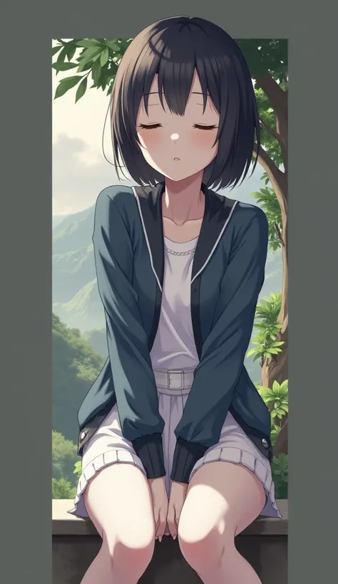 anime girl sitting on a ledge with her eyes closed, anime visual of a cute girl, anime visual of a young woman, makoto shinkai. high detail, makoto shinkai art style, an anime girl, anime background, the anime girl is crouching, makoto shinkai style, anime...