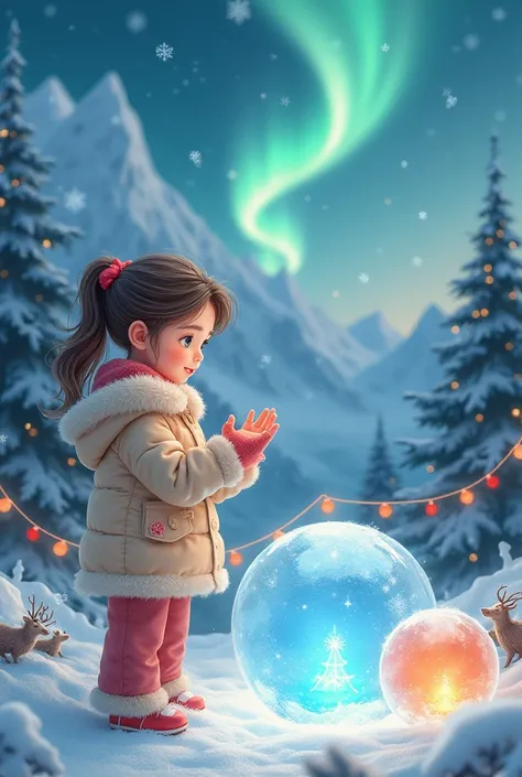  transparent watercolor、 Crystal Balls 、 cat close-up、Visible Snow 、 Northern Lights and Snowy Mountains ,  reindeer Christmas tree  , new year&#39;s garland ,   very beautiful girl looks at her hands 、 looking at crystal balls  ,   hat and bonbon 、 Girl W...