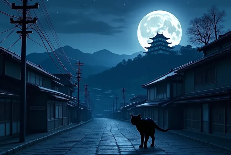 遠くの山の上に  Japanese Castleのある通りの眺め,   Matte painting by Kiyomasa Torii   ,   shutterstock, Ukiyo-e, Japanese cities at night,    Japanese Street  ,  Cobblestone Street  , Kyoto japan setting,    Japan Deep Travel Exploration   , Japanese cities, , Japan at N...