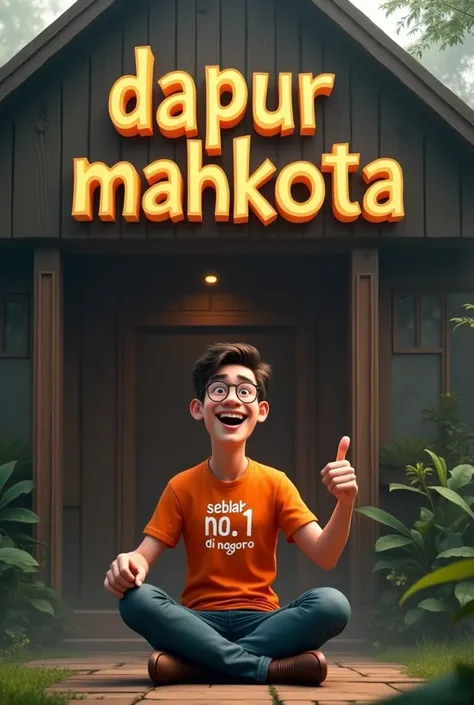 4d animation of text "DAPUR MAHKOTA" modern font. Against the background of the rustic wooden building, it looks dark brownish in color. You can see the lights inside the building, a bit foggy but very beautiful, decorated with green scenery around the bui...