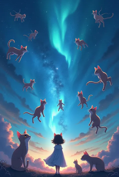 There are a lot of cats gathered in the sky,  cat dreamcats ,  cat dreamcats , A night sky full of stars, filled with cats, Space Kitten,  real,  cute detailed digital art ,  cute digital art , Cat God , Cyril Roland and Fujita Goro , Kim Eun-hwan,  an ani...